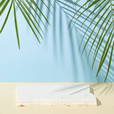 Bej ve açık mavi arkaplanda palmiye yaprakları olan mermer bir podyum. Konsept sahne gösterisi, ürün, promosyon, afiş, sunum, kozmetik ve moda için. Minimum vitrin modeli.