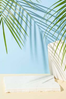 Bej ve açık mavi arkaplanda palmiye yaprakları olan mermer bir podyum. Konsept sahne gösterisi, ürün, promosyon, afiş, sunum, kozmetik ve moda için. Minimum vitrin modeli.