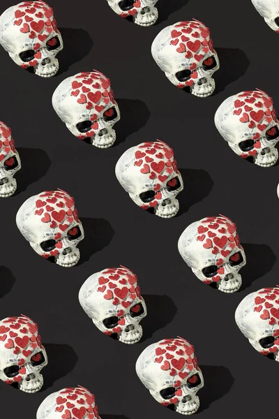 Skull Pattern Small Red Hearts Minimal Romantic Love Concept Halloween — Stock Photo, Image