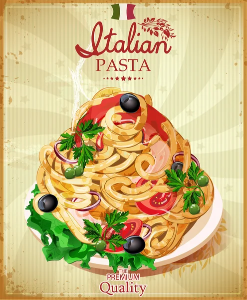 Italian pasta. Spaghetti with sauce. Restaurant menu. Poster in vintage style. Stock Illustration
