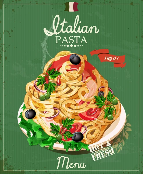 Italian pasta. Spaghetti with sauce. Restaurant menu. Poster in vintage style. Vector Graphics