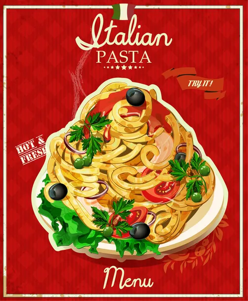 Italian pasta. Spaghetti with sauce. Restaurant menu. Poster in vintage style. Vector Graphics
