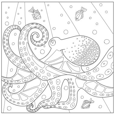 Ahtapot boyama sayfası, balıklı sualtı dünyası, dalgalar..