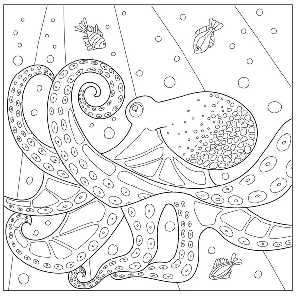 Ahtapot boyama sayfası, balıklı sualtı dünyası, dalgalar..