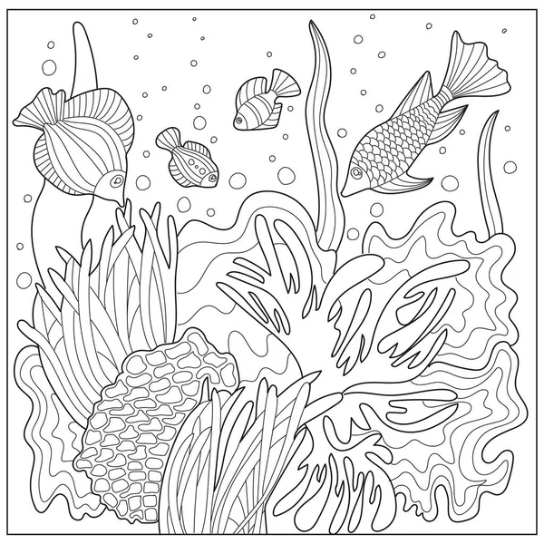 Balık, yosun ve mercanlarla okyanus altı renklendirme sayfası