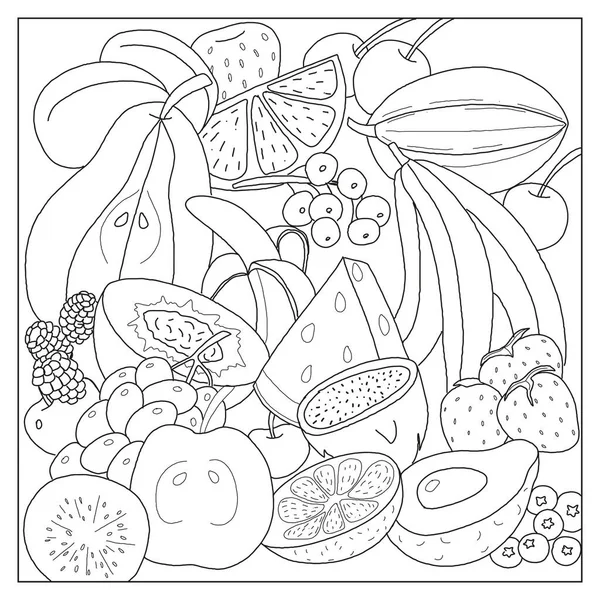 Page Colorier Fruits Avec Pomme Melon Raisin Citron Baie Banane — Image vectorielle