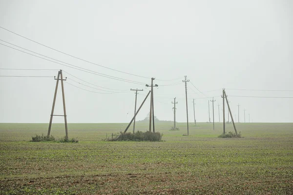 乡间田边有雾中的电线 绿色能源的概念 — 图库照片