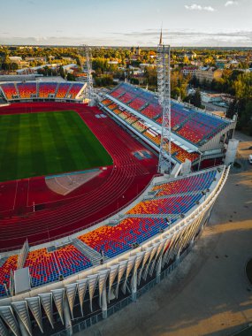 Public sports stadium in Riga, Latvia from above with football field