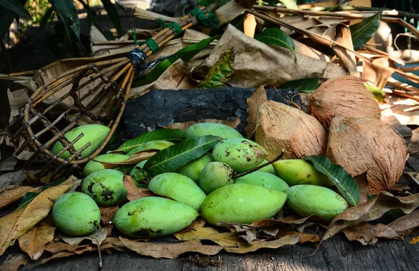 Green mangoes with coconuts on dry leafs — Stock Photo, Image