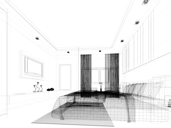 Skizze Entwurf des Schlafzimmers, 3D-Darstellung — Stockfoto