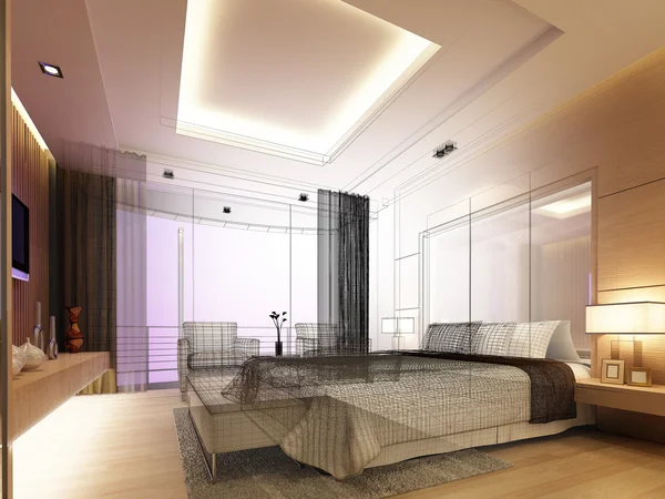 Sketsa desain kamar tidur, 3d render — Stok Foto