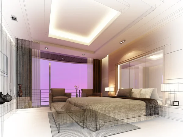 Bosquejo de diseño de dormitorio, 3d render — Foto de Stock