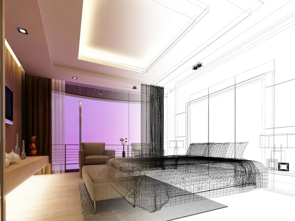 Disegno schizzo della camera da letto, rendering 3d — Foto Stock