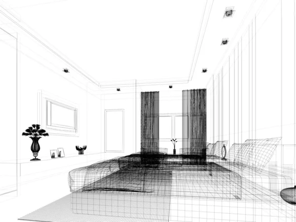 设计素描的 3d 渲染的卧室里， — 图库照片