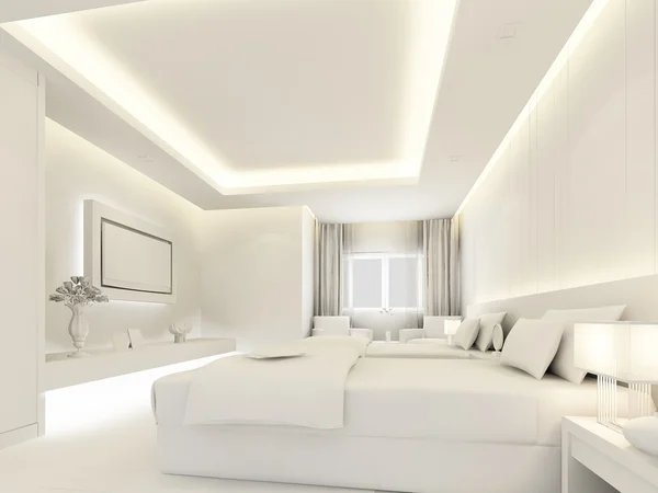 Interiér ložnice v bílé barvě, 3d vykreslení — Stock fotografie