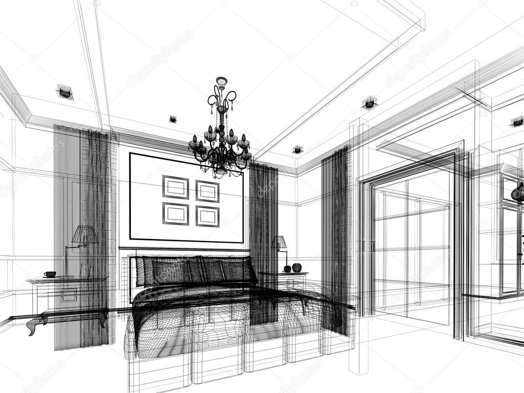 sketch design of bedroom ,3d render