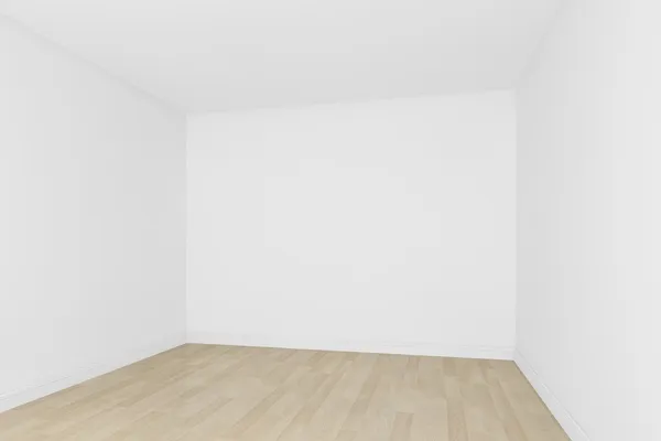 Parede branca com piso de madeira, sala vazia, interior 3d — Fotografia de Stock