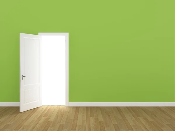 Дверь открыта на зеленой лимонной стене, 3d — стоковое фото