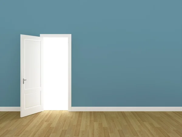 Дверь открыта на светло-голубой стене, 3d — стоковое фото