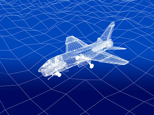 3D wireframe of airplane flies over a sea — Stock Photo, Image