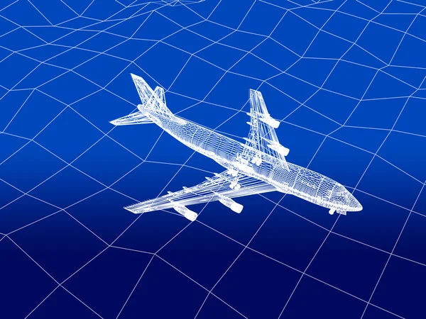 Alambrado 3D del avión vuela sobre un mar —  Fotos de Stock