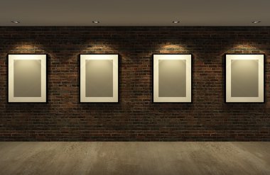eski tuğla duvar, gece, 3d beton zemin üzerinde resim çerçevesi
