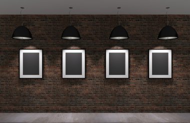 eski tuğla duvar, gece, 3d beton zemin üzerinde resim çerçevesi