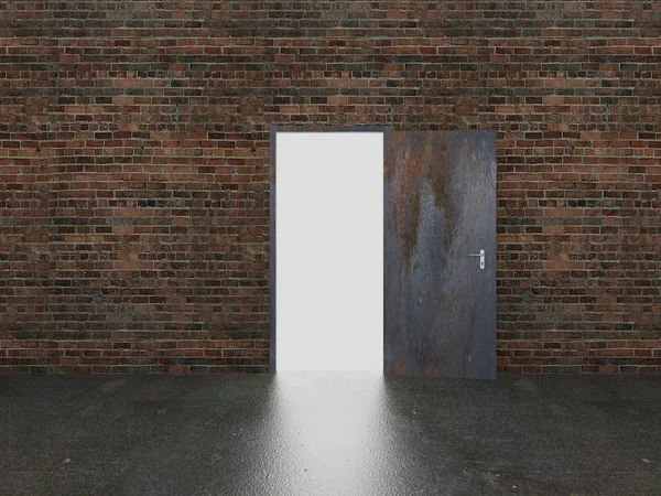 Дверь открыта на кирпичной стене, 3d — стоковое фото