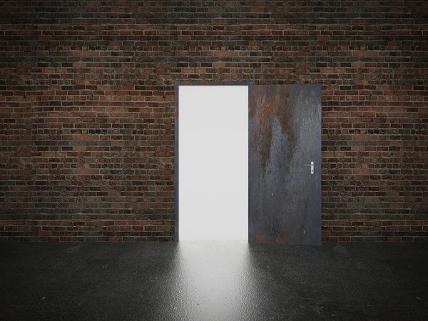 Porta aberta na parede de tijolo, 3d — Fotografia de Stock