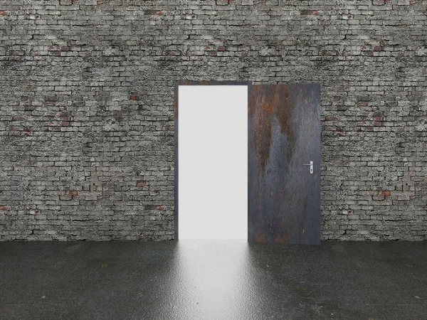 Pintu terbuka di dinding bata, 3d — Stok Foto