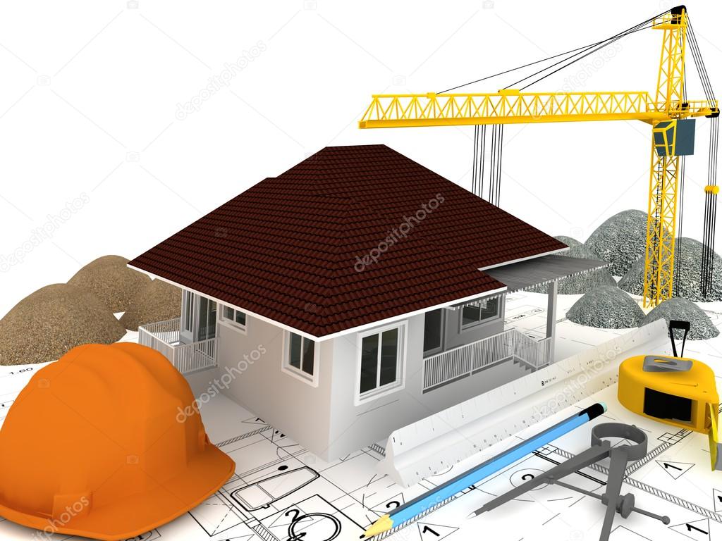 House under construction with a crane and other building fixtures on top of blue print,3d render