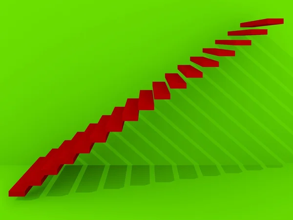 Червоні сходи в інтер'єрі зеленого фону, 3d — стокове фото