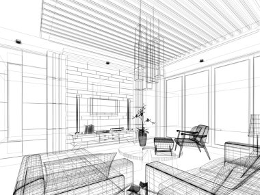 Ketch design of living ,3dwire frame render