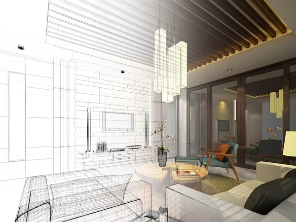 Ketch design of living ,3dwire frame render — Stock Photo, Image