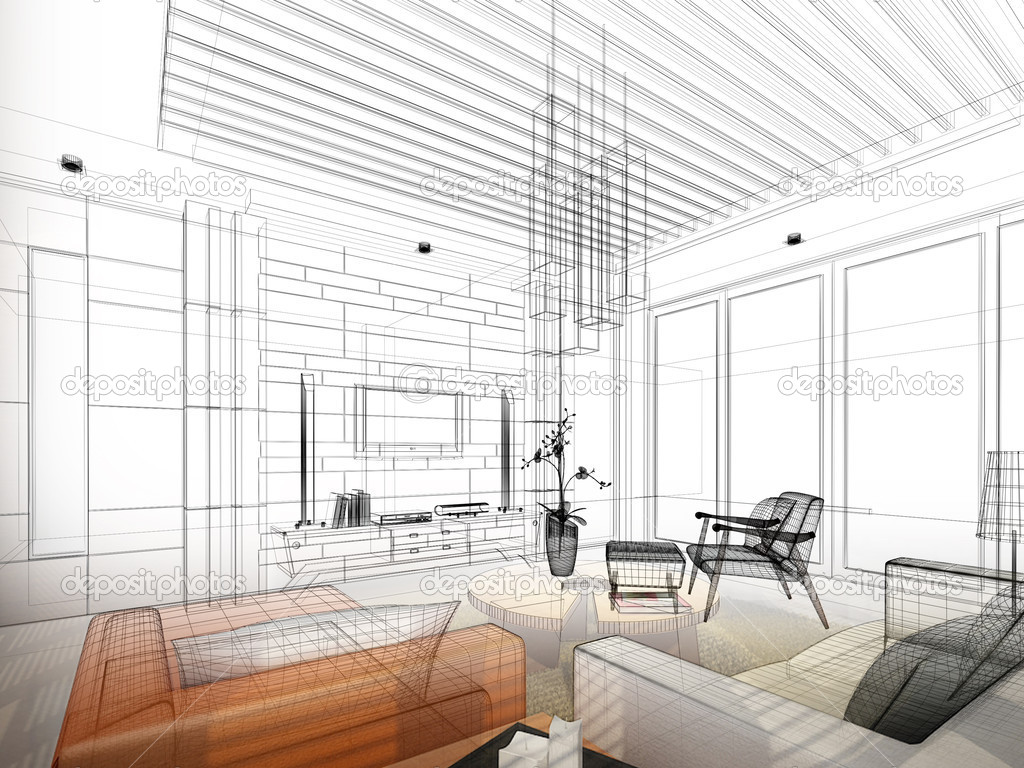 Ketch design of living ,3dwire frame render