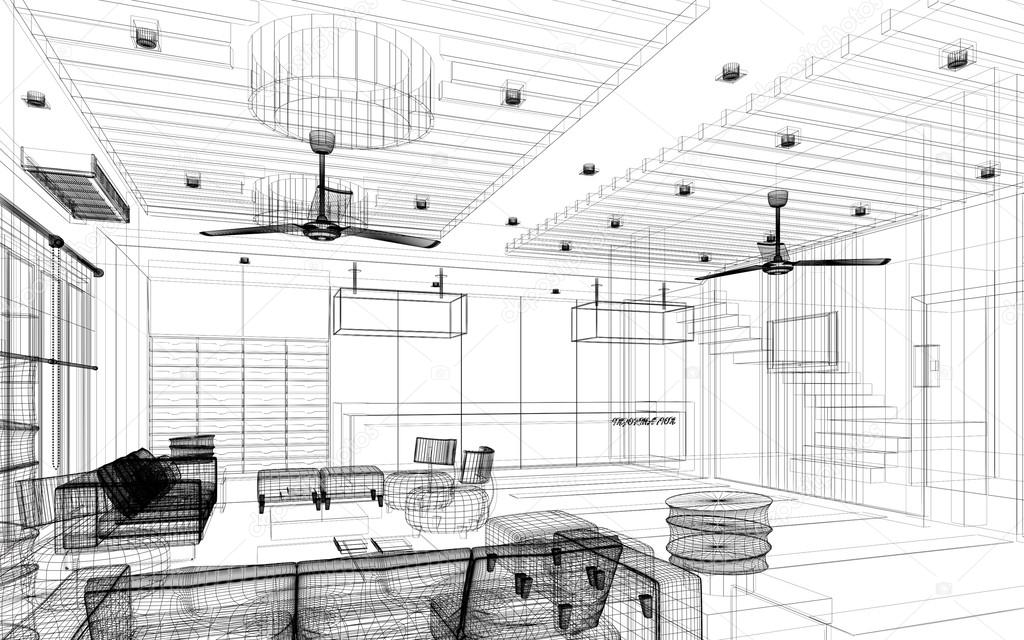 Sketch design of lobby ,3dwire frame render