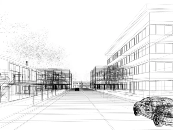 Sketch design of urban, 3dwire frame render — Stok Foto