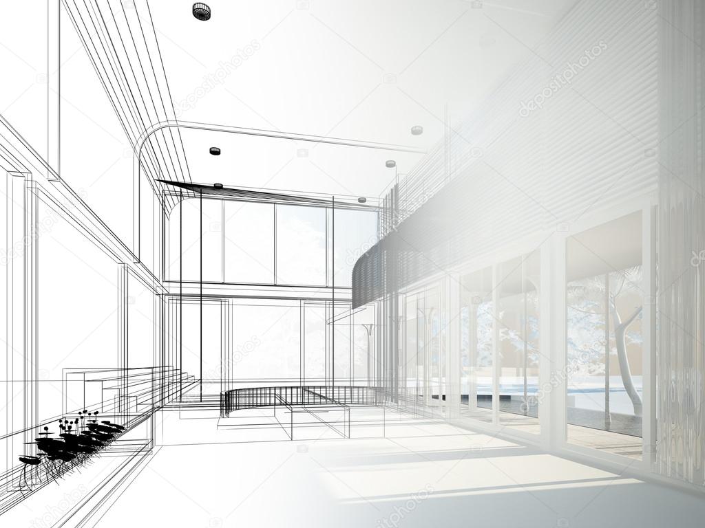 Sketch design of interior hall, wire frame