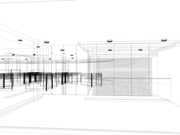 Nákres konstrukce interiéru haly, drátěný model — Stock fotografie