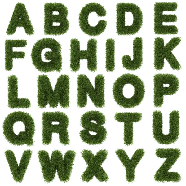 Lettere superiori di alfabeto erba verde isolato su sfondo bianco — Foto Stock