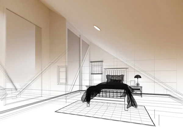 室内阁楼居室的草图设计 3D渲染 — 图库照片
