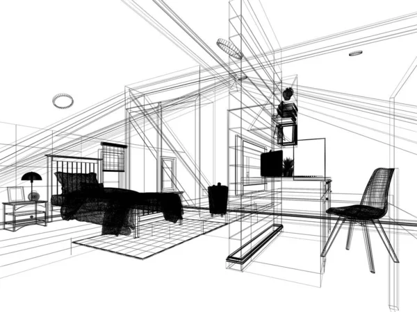 Skiss Design Interiör Vind Sovrum Rendering — Stockfoto