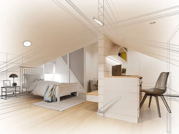 Skizze Entwurf Des Inneren Dachgeschosses Schlafzimmer Rendering — Stockfoto