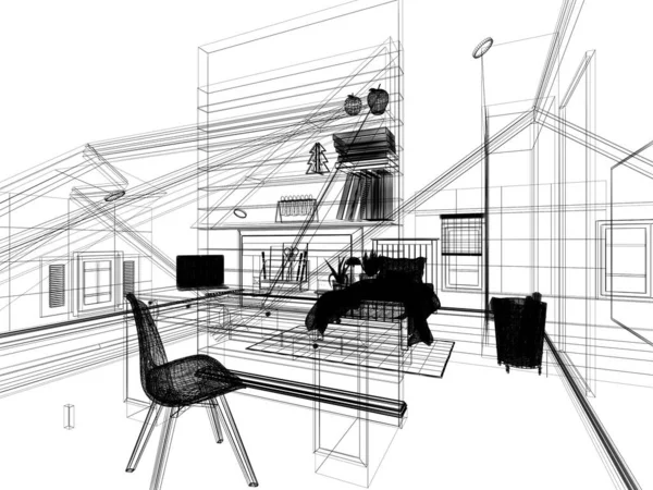 Diseño Boceto Del Dormitorio Ático Interior Renderizado — Foto de Stock