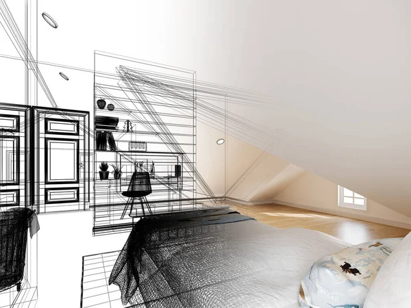 Sketch Design Interior Attic Bedroom Rendering — Stock Photo, Image