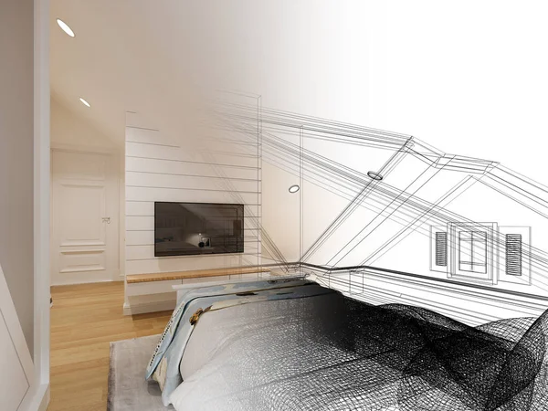 Sketch Design Interior Attic Bedroom Rendering — Stock Photo, Image