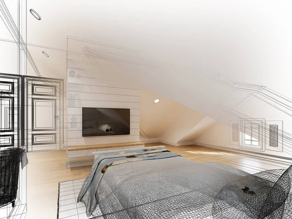 屋根裏部屋の設計図3Dレンダリング — ストック写真