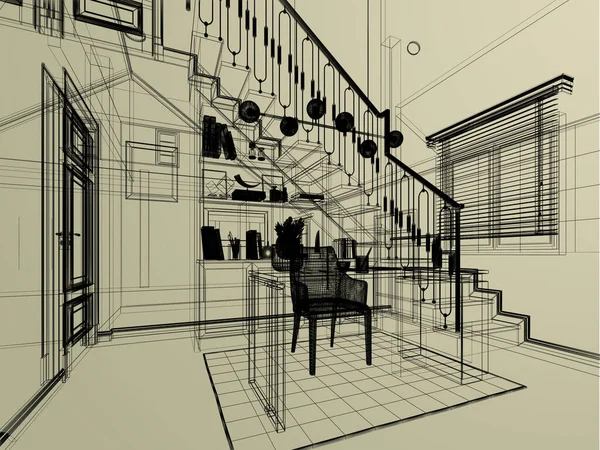 Sketch Design Interior Working Room Rendering — Stock Photo, Image