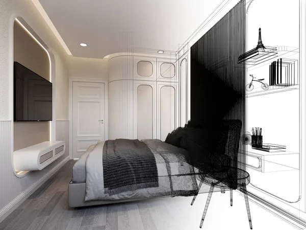 室内ベッドルームのスケッチデザイン3Dレンダリング — ストック写真