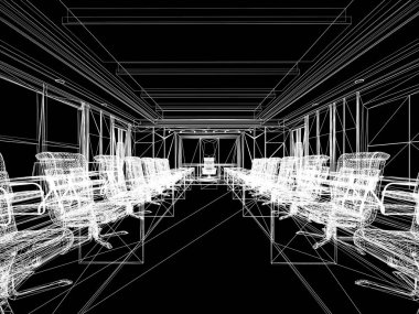 iç konferans salonu, 3d render tel çerçeve tasarım kroki